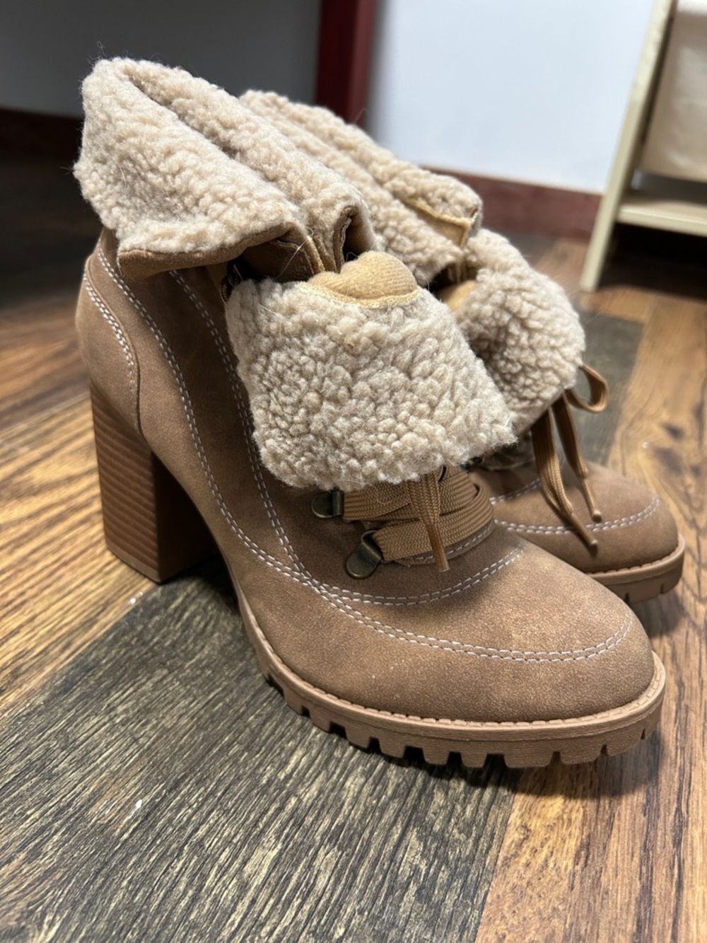 Tan Suede Sherpa-Cuff Block Heel Ankle Boots